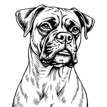 Boxer dog portrait in black and white line art style