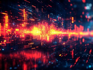 Obraz premium Vibrant digital abstract with a symmetrical design, featuring colors red, yellow, blue, green, orange and complex shapes reminiscent of circuitry or futuristic tech The style suggests modernity, a