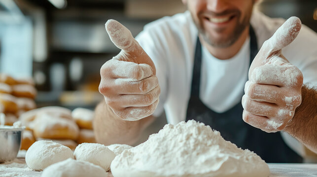 Baker celebrating teamwork and triumph with a thumbs up gesture, showcasing flour-covered hands in a bustling bakery during a busy workday