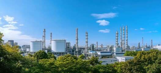 Fototapeta premium Oil refinery plant from industry zone with lush green trees and blue sky, large Oil and gas petrochemical industrial, Refinery factory oil storage tank and pipeline, Ecosystem and good environment.