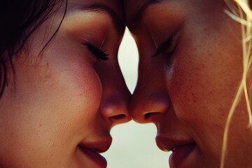 Two females share a tender moment by gently touching their noses