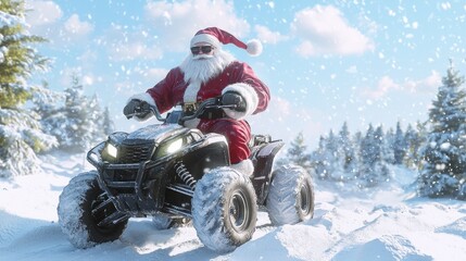 Thrilling Adventure: Cinematic Santa on Snow-Covered ATV in Winter Wilderness