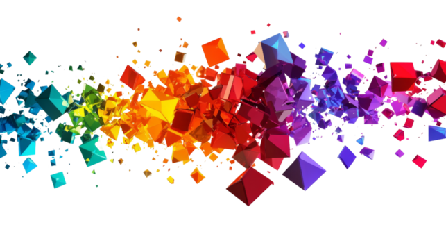 Cascading burst of colorful geometric shapes transparent background
