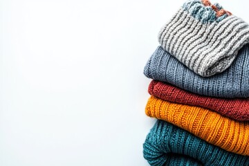 Folded winter clothes neatly placed on a solid white background, showcasing cozy warmth