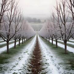 pathway in orchard field in snow