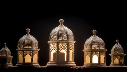 Obraz premium Miniature domes or towers with backlighting create dramatic silhouettes against a black background.