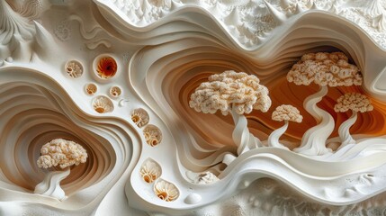 Abstract 3D rendering of surreal landscape with stylized trees and organic forms.