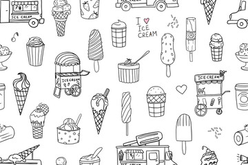 Cute seamless pattern of ice cream van, ice cream truck and ice cream in a waffle cone. Gelato. Great for summer dessert menu design, banner, packaging. Hand drawn. Doodle style