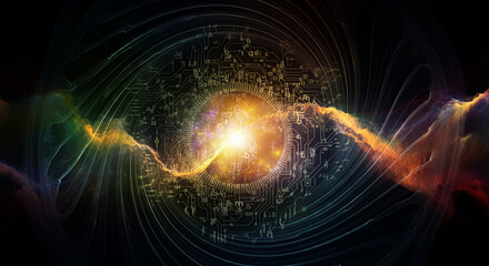 Quantum Energy Generator with an electrifying mood pulsating with vibrant energy against a cosmic background