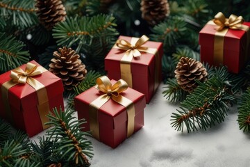 Christmas red gift boxes, fir tree branches and pine cones, Christmas background 