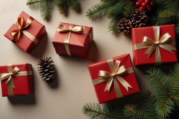 Christmas red gift boxes, fir tree branches and pine cones, Christmas background 