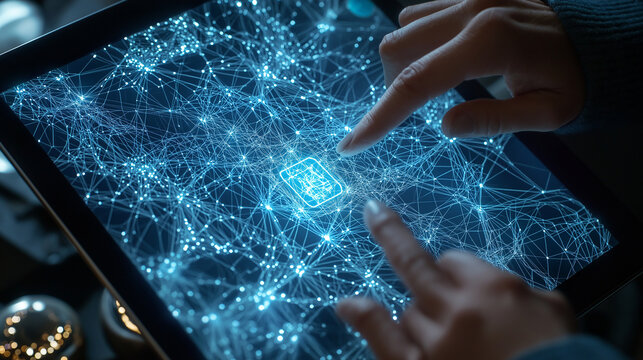 The person taps on the tablet screen, selecting a bright blue icon to initiate the neural network creation process, as a web of connected nodes begins to form, expanding in real-ti