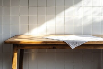 A simple wooden table topped with a clean white towel