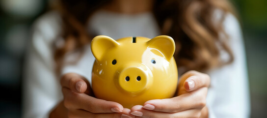Obraz premium A person with curly hair holds a cheerful yellow piggy bank in a cozy indoor space filled with natural light, emphasizing savings and financial goals