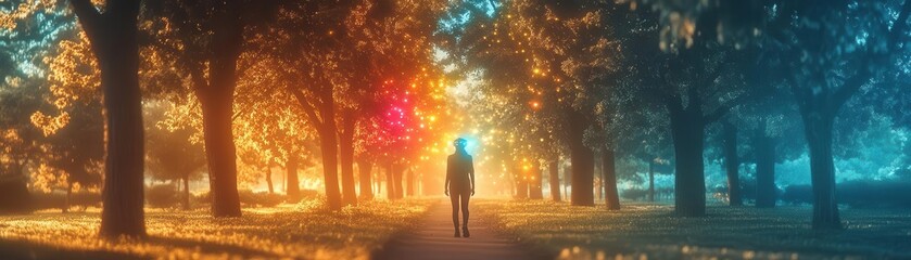 A serene park where a person uses AR glasses for navigation, glowing projections blending with reality, warm light