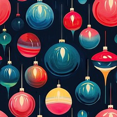Seamless pattern with colorful vintage Christmas balls hanging on dark background. Christmas ornament. Festive decorations for Christmas, New Year, and winter holidays celebration. Design for print
