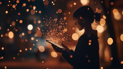 A side angle shows the person scrolling through a list of datasets on the tablet, selecting and integrating them into the neural network model, with each new dataset forming bright