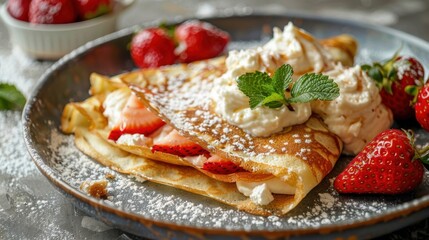 Artful crepes brimming with whipped ricotta, served with ripe strawberries on a luxurious marble countertop