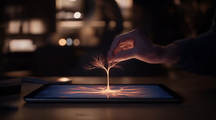 The person tilts the tablet to get a better view of the 3D neural network theyâre building, rotating it with a swipe of their hand, adding layers that light up as they connect in r