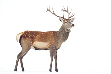Fototapeta premium A deer stands still in the snow with a white background