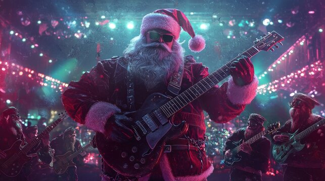 Electric Elves Rock Concert with Badass Santa - Festive Christmas Scene with Edgy Musician Elves and Cool Santa Claus Bringing High Energy Vibes