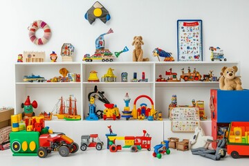 Obraz premium Colorful toys fill white shelves, creating playful room.