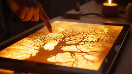 From a low-angle shot, the tablet screen shows an intricate 3D neural network diagram, with the person&acirc;s fingers hovering above, preparing to zoom in on a cluster of nodes glowing