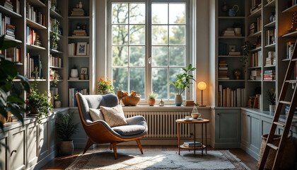 Cozy reading nook with bookshelves, natural light, and a comfy armchair.