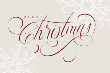 Merry Christmas handwritten calligraphic lettering with floral arrangement drawing on coffee color background
