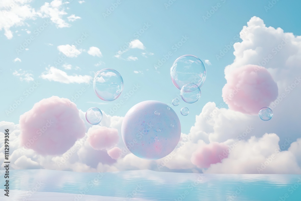Poster pastel colored balls and soap bubbles float in a sky filled with fluffy clouds. a serene ocean refle