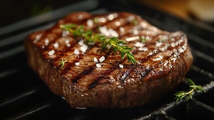 A perfectly grilled steak garnished with herbs and salt, showcasing culinary excellence.