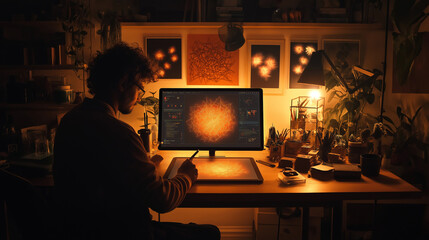 A wide-angle shot captures the entire desk setup, where the person holds a stylus above the tablet, interacting with a neural network that morphs and shifts in response to their pr