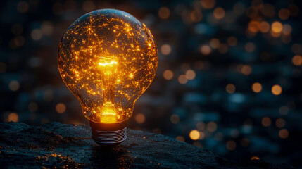 A light bulb shines brightly, filled with sparkling particles, set against a backdrop of blurred lights during nighttime, creating a magical atmosphere