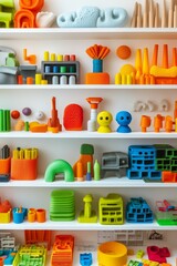 Colorful plastic objects on white shelves.
