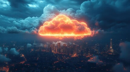 Fototapeta premium A symbolic glowing cloud icon floating above a bustling cityscape, warm filminspired tones