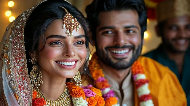 Radiant Bride and Groom in Traditional South Asian Wedding Attire