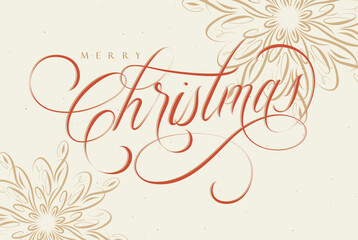 Merry Christmas handwritten calligraphic lettering with floral arrangement drawing with red on beige color background