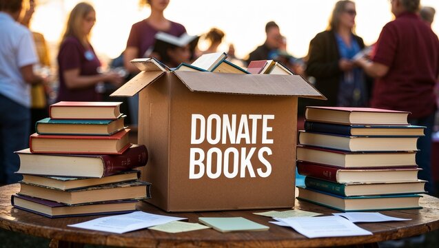 Community book donation box with "Donate Books" sign surrounded by people at an event