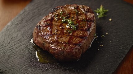 A perfectly grilled steak garnished with herbs on a slate plate.