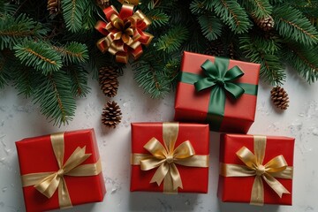 Christmas red gift boxes, fir tree branches and pine cones, Christmas background 