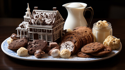 Breakfast with cookies, chocolate house and milk.
