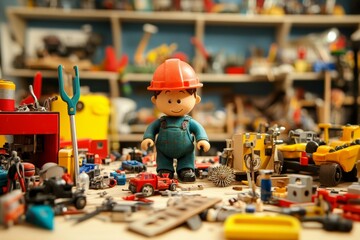 Fototapeta premium Toy worker amidst scattered toys and tools.