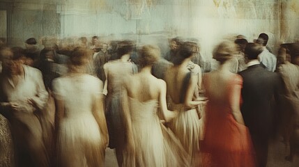 Fototapeta premium picture of people and a city in motion. blur of lights, vintage charm and portraits of loneliness in the rhythm of the city bustle. street portraits and retro aesthetics and urban melancholy.