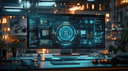 Fototapeta premium A symbolic glowing identity access management interface displayed holographically in a modern workspace