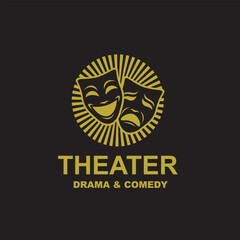 icon of golden comedy and tragedy theatrical masks isolated on black background
