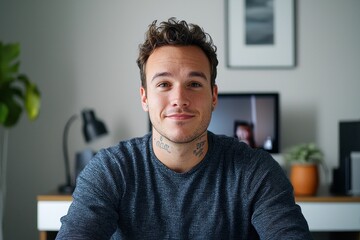 Young man with neck tattoos smiling confidently in a modern home office environment, showcasing casual yet professional style.