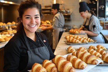 A cheerful baker proudly presents a tray of golden croissants in a bustling bakery kitchen, showcasing her baking expertise.