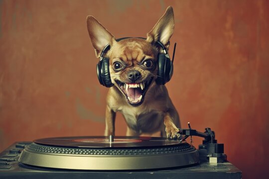 Adorable Chihuahua wearing headphones playfully spins a record on a turntable, exuding energy and humor with a DJ vibe.
