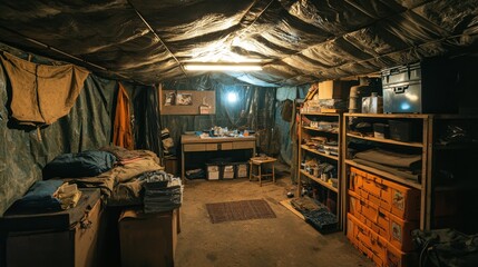 Housing Day Rustic underground shelter with military surplus supplies and workstation