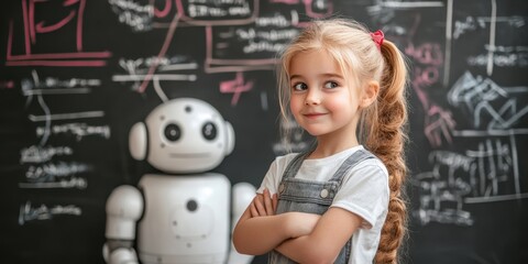 National Robotics Week Curious young girl interacting with robot in classroom learning environment